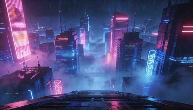 Neon Rain Over Futuristic Cityscape: Foggy Rooftop Reflections and Cyberpunk Skyline