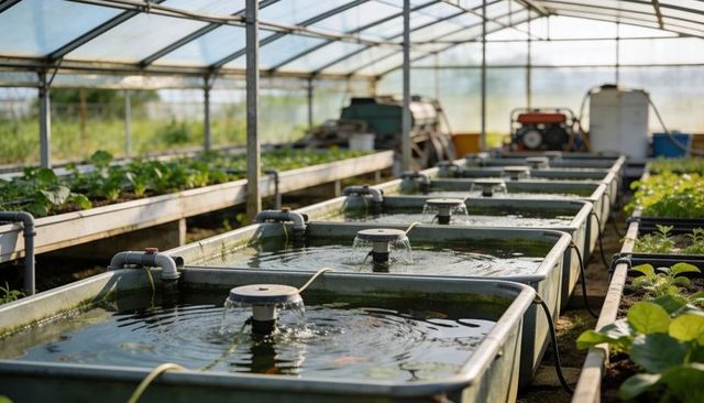 Aquaponics greenhouse with row of aerated galvanized fish tanks and leafy seedlings
