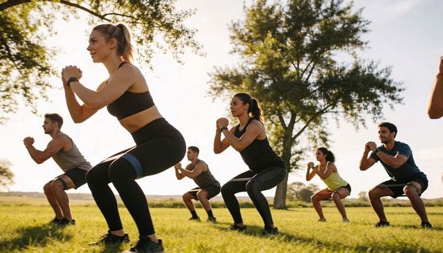 Sunlit outdoor group workout performing squats with resistance bands on grassy field