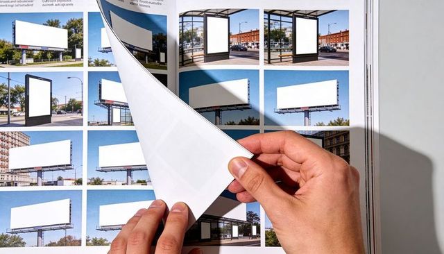Flipping glossy catalog page revealing blank billboard grid and hands on white tabletop