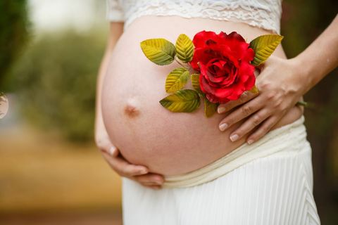 Close-up of pregnant belly with red rose