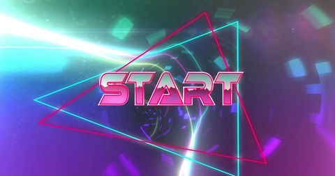Digital start screen with futuristic neon tunnel
