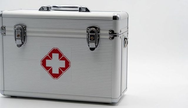 Aluminum first aid case featuring red cross emblem on minimal white background