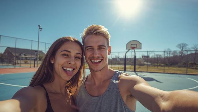 Young couple taking selfie on sunlit outdoor basketball court, smiling and playful during workout