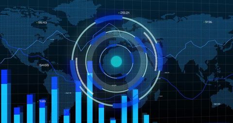 Futuristic Circular HUD Displaying Global Data Visualization with Blue Charts and Metrics