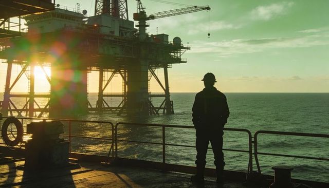 Standing offshore worker watching oil rig at sunset silhouette on deck with platform