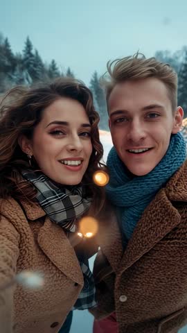 Couple Capturing Cozy Winter Selfie Under String Lights in Snowy Forest | Vertical Video