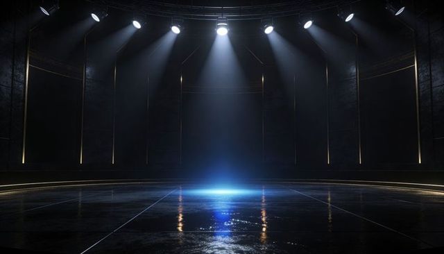 Futuristic circular stage glowing under blue spotlight on glossy reflective floor