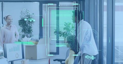 Team collaborating around holographic data dashboard in modern office workspace