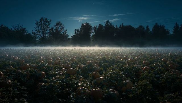 Moonlit pumpkin patch with mystical mist and clouds