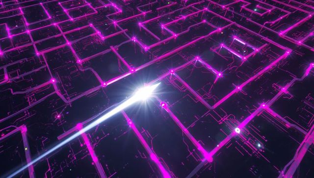 Neon Magenta Circuit Grid with Streaking White Light Beam and Futuristic Cyberpunk Glow