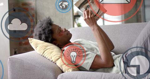 Man reading with data processing overlay illustration