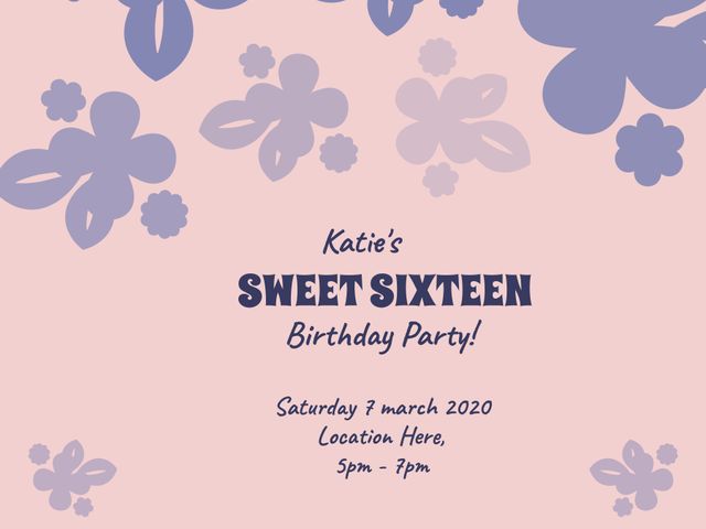 Perfect for announcing a sweet sixteen party, this card features a whimsical floral design in soft pastel colors, adding a joyful and youthful touch to any milestone celebration. Great for sending digitally or in print, this invitation sets a festive mood for a teenage girl's birthday party. Customize the details to fit your event and spread the excitement.