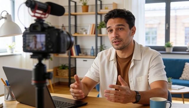 Young man presenting on camera and recording vlog in sunlit home office with laptop