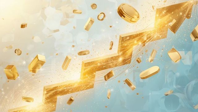 Golden zigzag arrow surging upward with floating coins representing financial growth