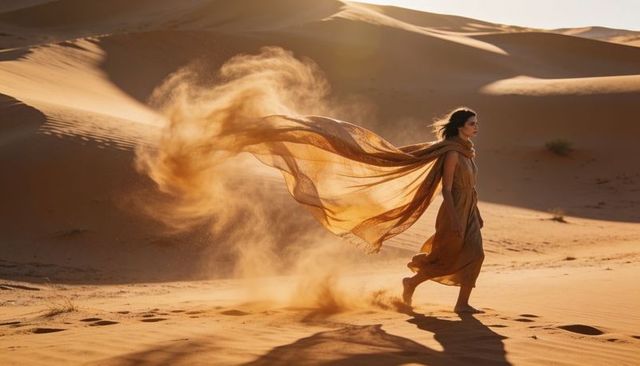 Woman walking across golden sand dunes with flowing scarf and windborne dust plume backlit