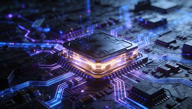 Stacked Microchip Emitting Amber Glow with Neon Blue and Violet Circuit Traces