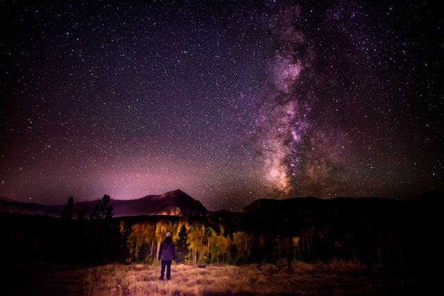 Stargazer Admiring Milky Way in Night Sky Over Scenic Mountain Landscape - Download Free Stock Photos Pikwizard.com