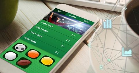 Mobile sports app dashboard displaying live match score, stadium action and sport icons