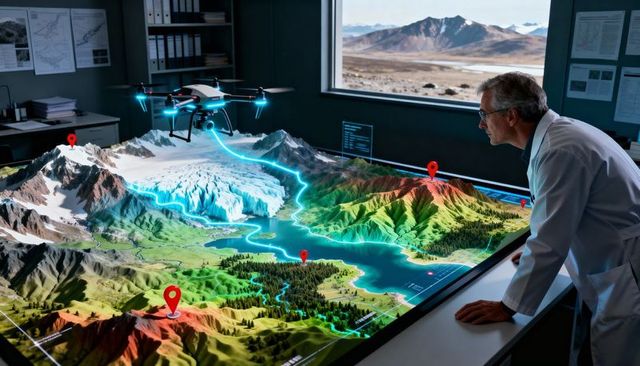 Senior scientist analyzing 3d topographic table with drone mapping waypoints and routes