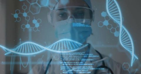 Scientific researcher analyzing dna hologram in laboratory