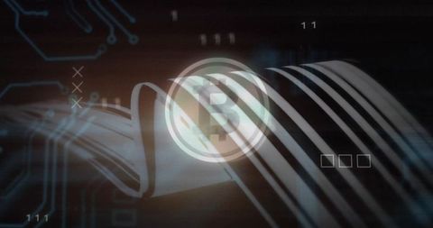 Glowing Bitcoin emblem hovering over flowing ribbons and circuit HUD for cryptocurrency