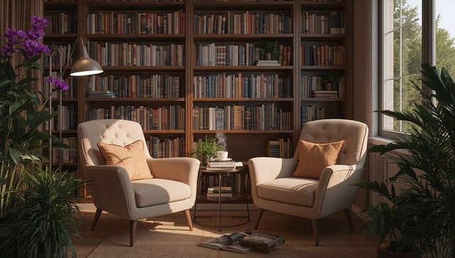 Inviting neutral reading nook featuring two beige armchairs and floor-to-ceiling bookshelf
