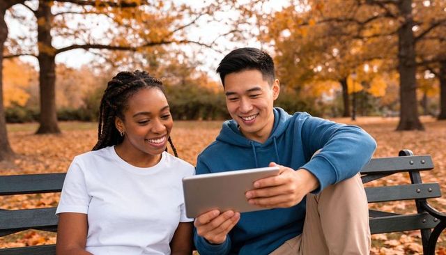 Smiling african american woman and asian man sharing tablet on park bench amid autumn leaves casual