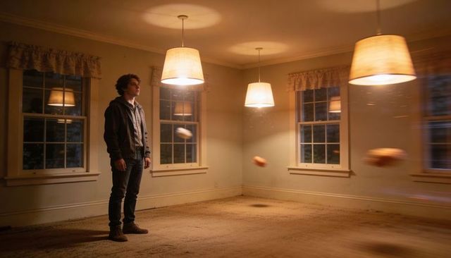 Man standing in empty room observing levitating glowing orbs beneath warm pendant lights