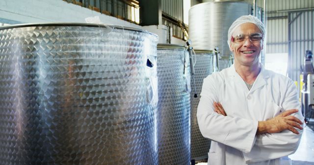 Smiling Factory Worker in Protective Gear Standing by Industrial Tanks - Download Free Stock Images Pikwizard.com