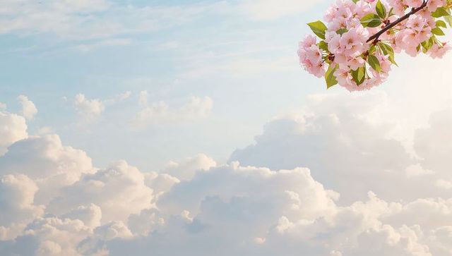 Sunlit cherry blossom branch reaching over pastel cloudscape with spacious sky and copy space