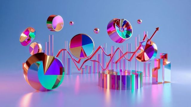 Futuristic analytics visual with reflective 3d charts