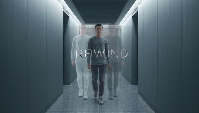Rewind Motion: Walking Man Duplicating Through Minimalist Corridor with Futuristic Effect