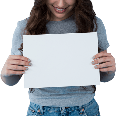 Smiling Woman Presenting Blank White Card on Transparent Background