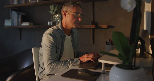 A mature man is working late on his computer in a cozy home office environment. He is focused and wearing glasses, typing at a desk with minimal lighting. This image could be used for articles on work-life balance, productivity, remote work, or about lifestyle of older adults managing their careers from home.