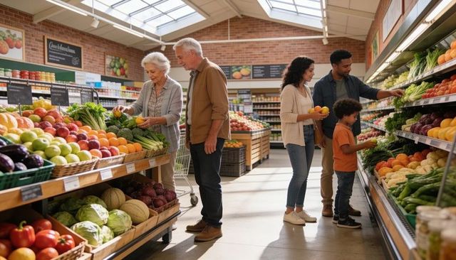 Multigenerational family shopping and selecting fresh produce in bright supermarket
