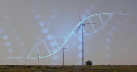 Futuristic Wind Turbines with DNA Helix Symbolizing Energy and Innovation