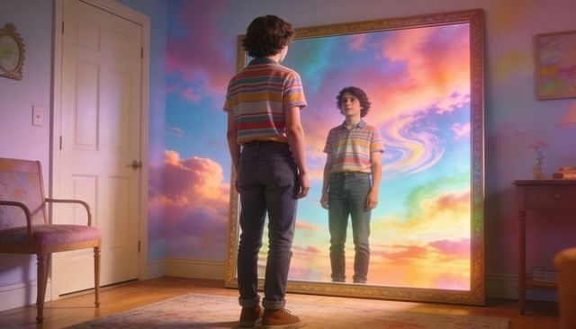 Teen facing ornate mirror revealing surreal pastel sky reflection and dreamlike spiral