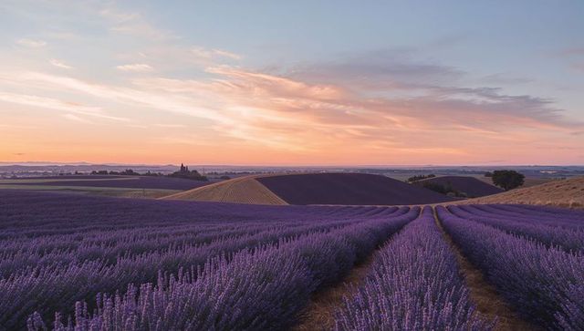 Serene Lavender Fields at Dusk with Distant Steeple View