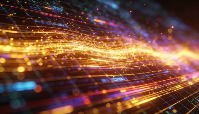 Golden data stream flowing over neon grid for futuristic technology and ai visualization
