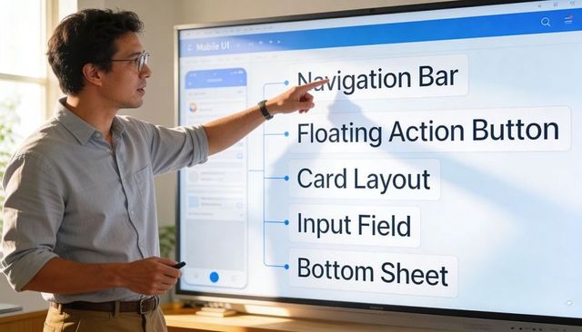 Ux designer presenting mobile ui wireframe on interactive touchscreen for team review