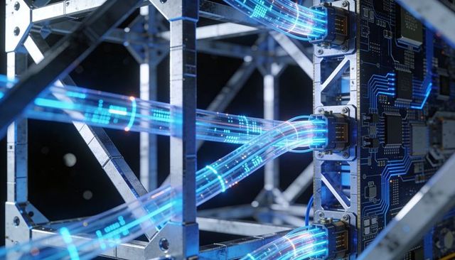 High-speed fiber conduits transmitting neon blue data through industrial rack connectors