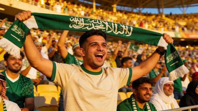 Saudi arabia football fans cheering in stadium holding green national scarf celebrating
