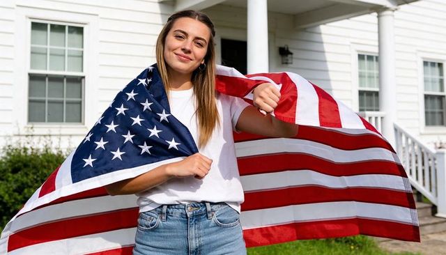 Young woman draping american flag on front porch celebrating patriotic pride