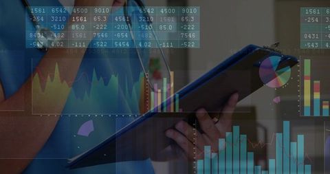 Doctor Analyzing Medical Data with Charts and Clinic Background