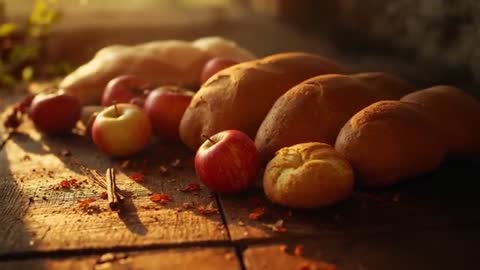 Rustic Kitchen Scene with Bread and Apples in Soft Autumn Light