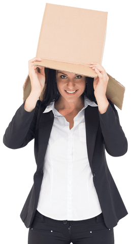 Playful Businesswoman Holding Cardboard Box Over Head Transparent Background - Download Free Stock Videos Pikwizard.com