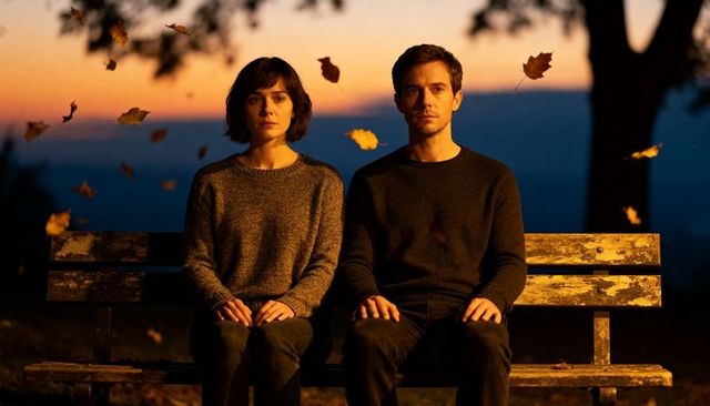 Contemplative couple on worn bench at moody lakeside sunset with falling autumn leaves