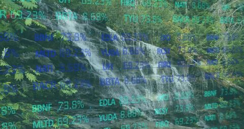 Verdant waterfall cascading over dark rock with teal data overlay blending nature and tech