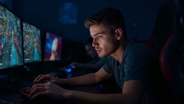 Focused gamer playing on dual monitors in dark gaming room